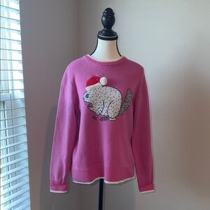 Duluth Trading Co 100% cotton pink festive beaver ugly Christmas sweater